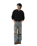 Essential" Waffle Knit Henley Full Sleeve Tee — Black