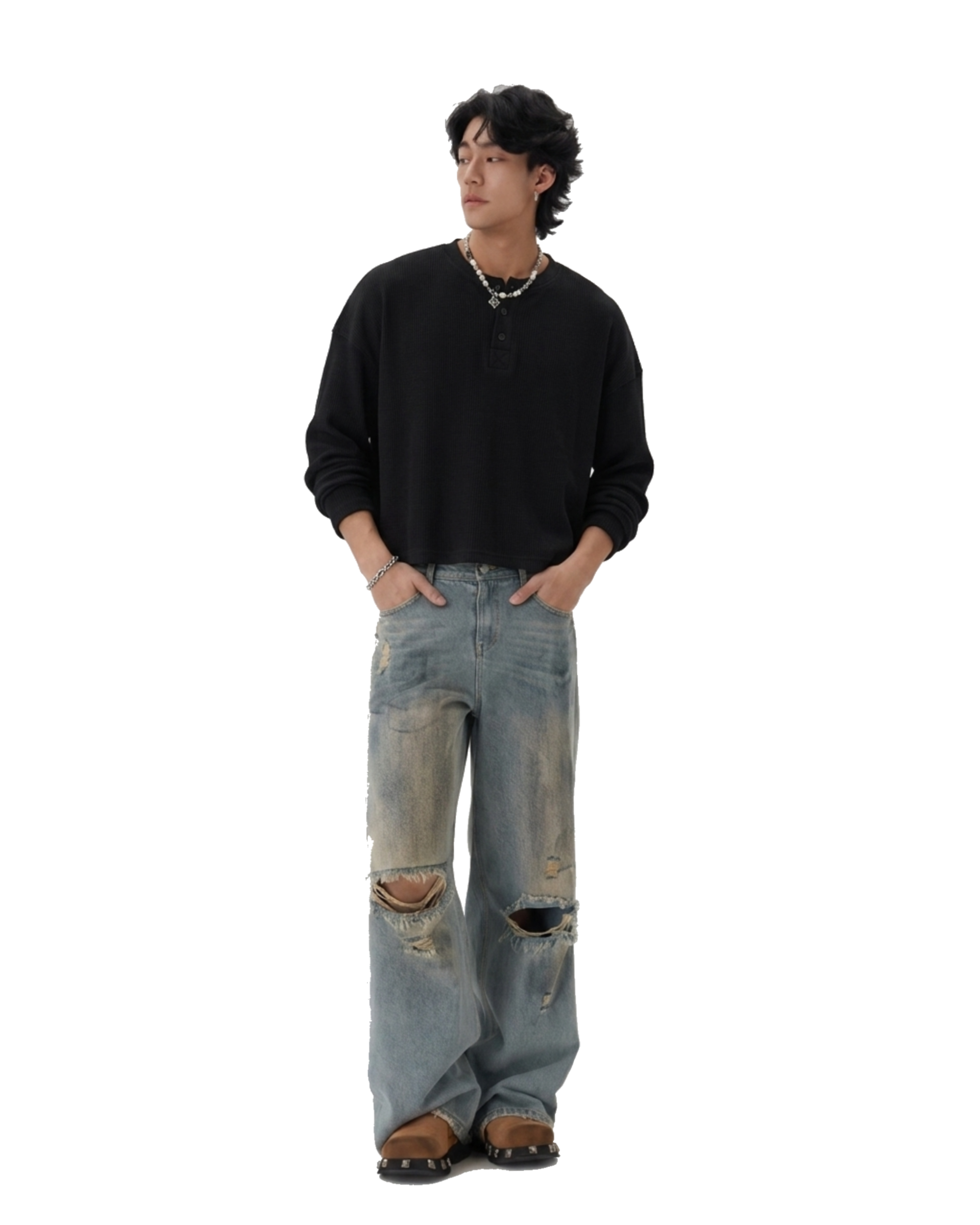 Essential" Waffle Knit Henley Full Sleeve Tee — Black