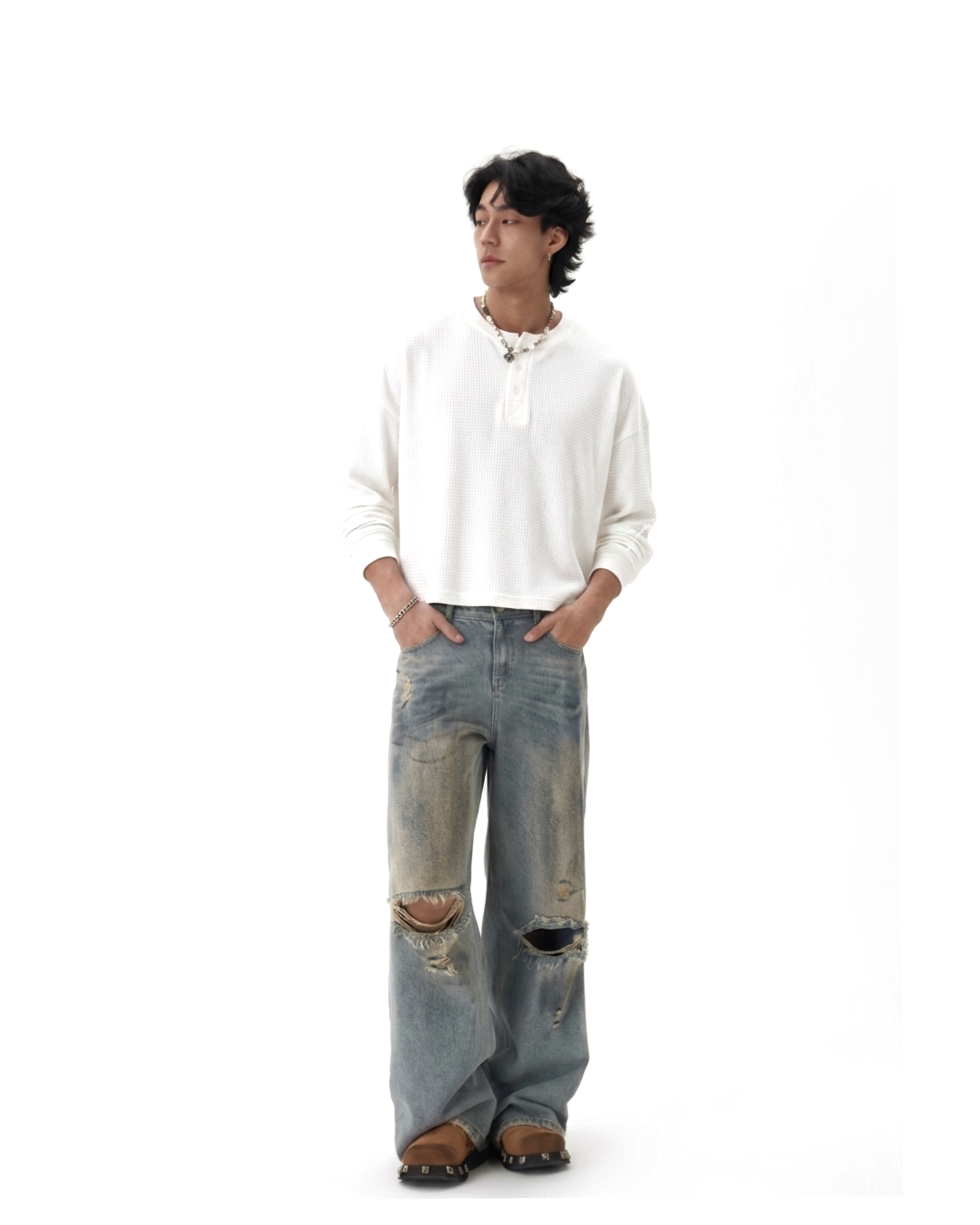 Essential" Waffle Knit Henley Full Sleeve Tee — Off-White