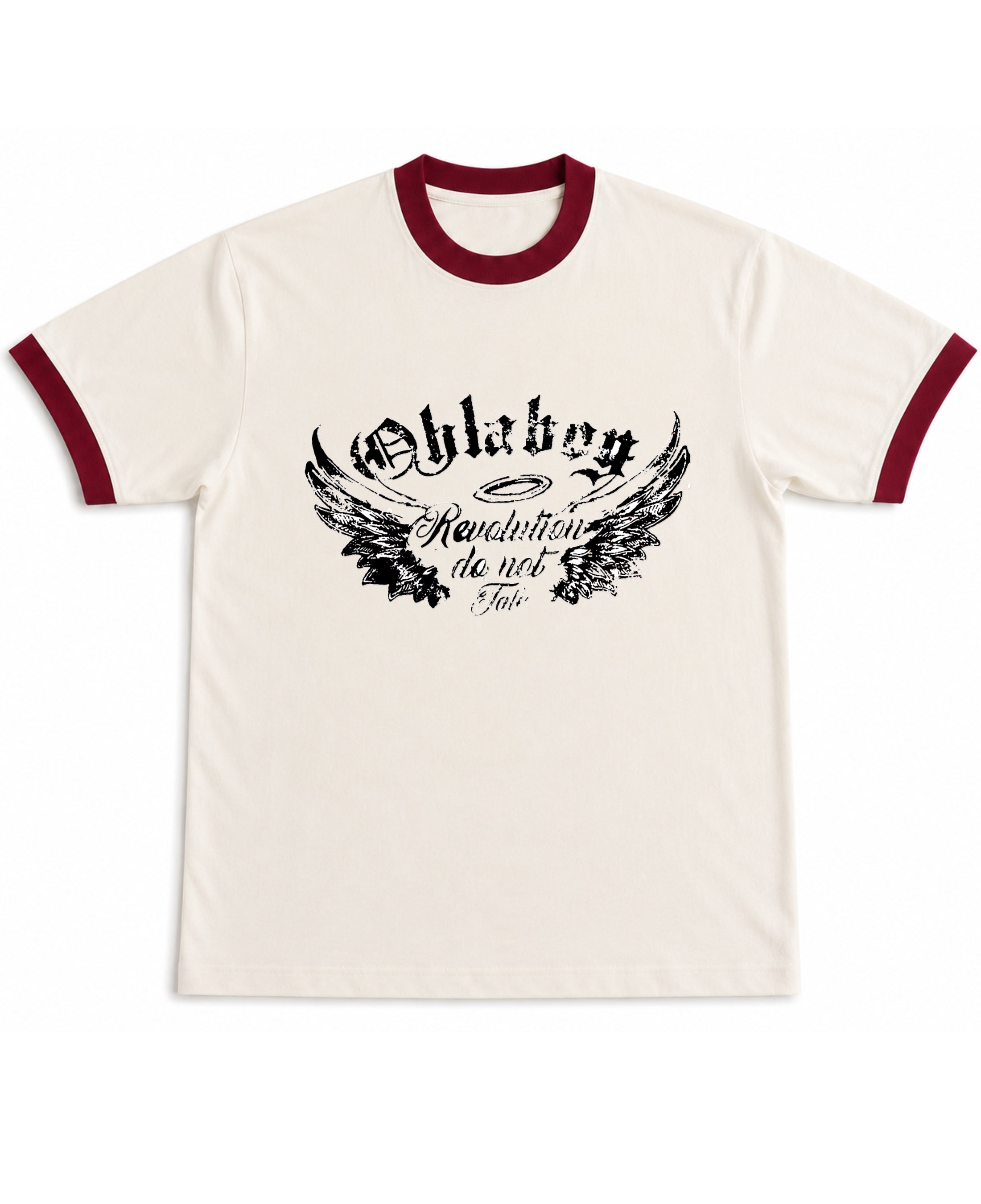 Off White & Maroon Ringer tee Front Design