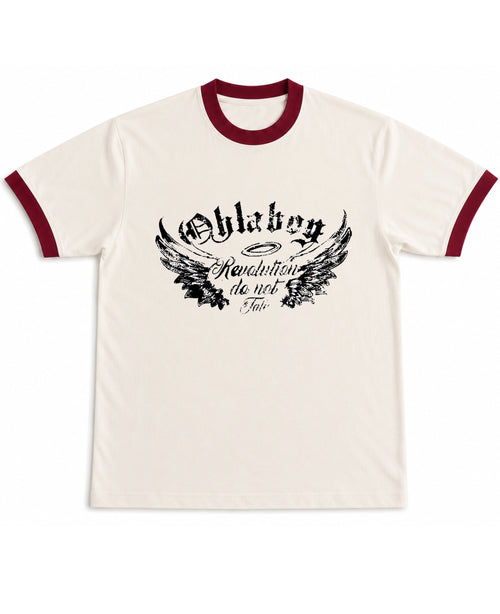 Off White & Maroon Ringer tee Front Design